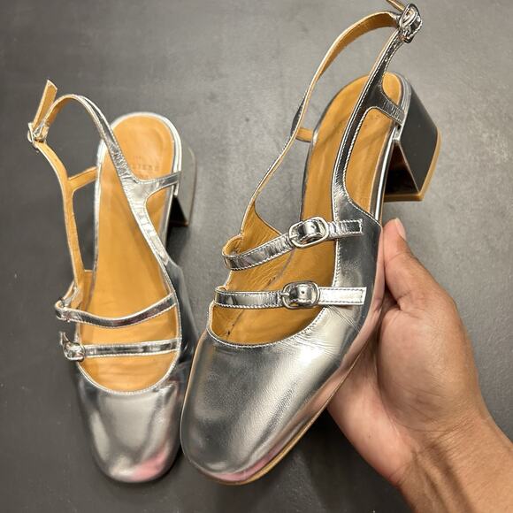 Sézane Paula Babies Mary Jane Slingback Pumps In Silver Patent Leather Size 39 - Picture 2 of 6